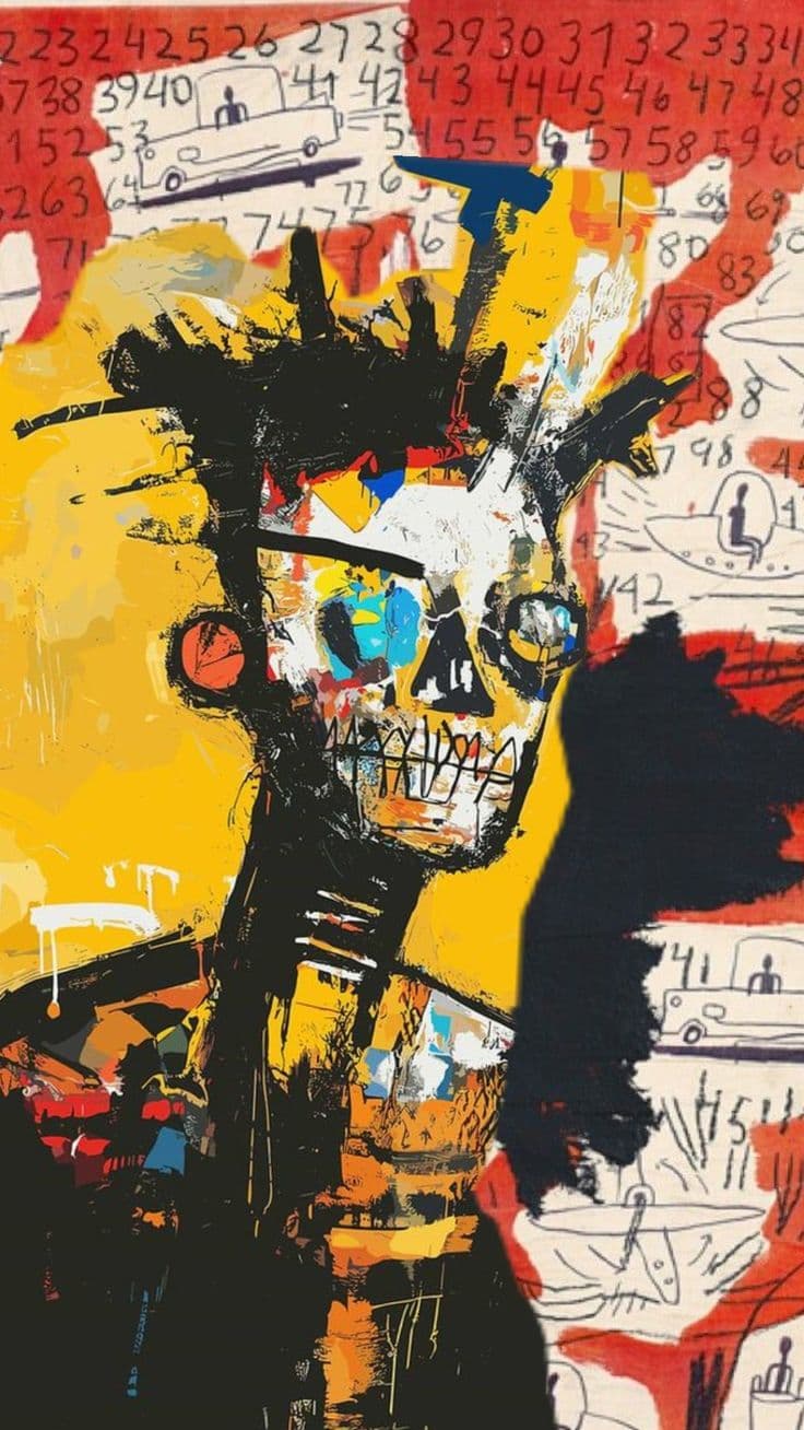 Expressionist skull-figure painting with numbers and sketches