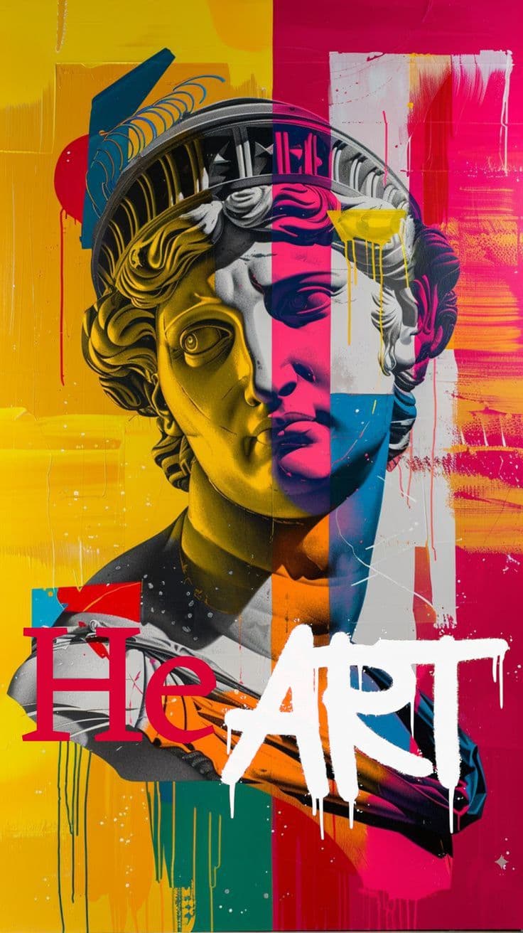 Pop-art sculpture illustration with "He ART" text