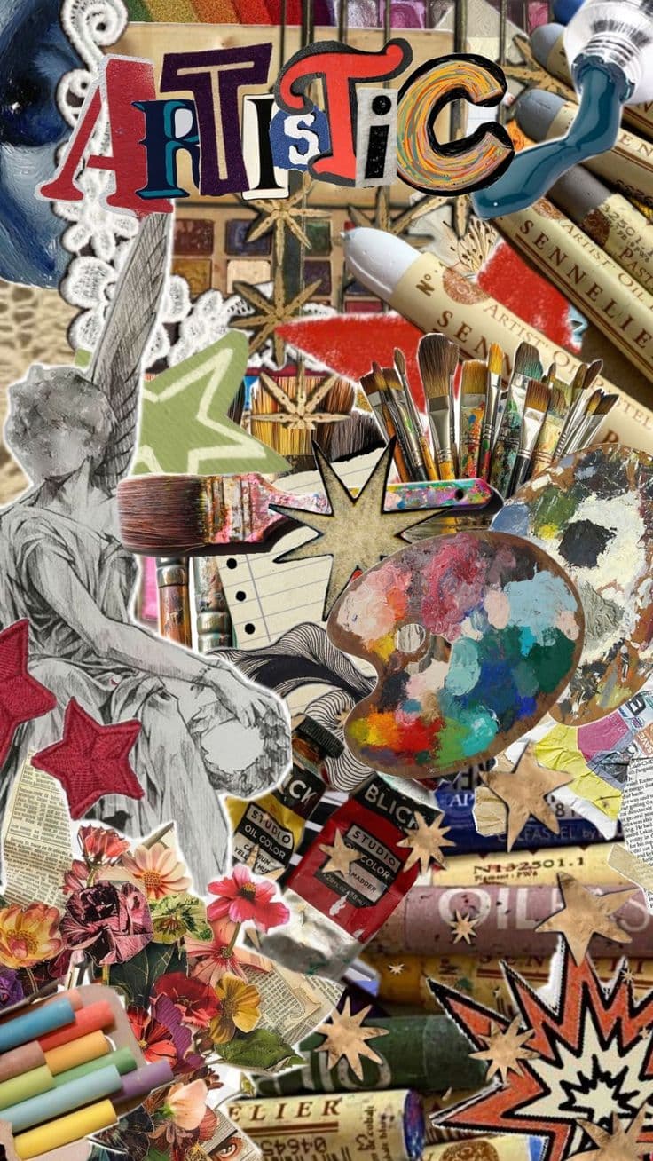Artistic mood-board wallpaper with paintbrushes and art supplies