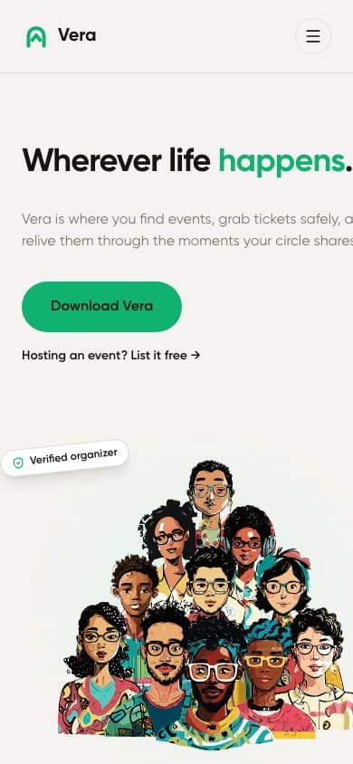 Vera homepage, mobile