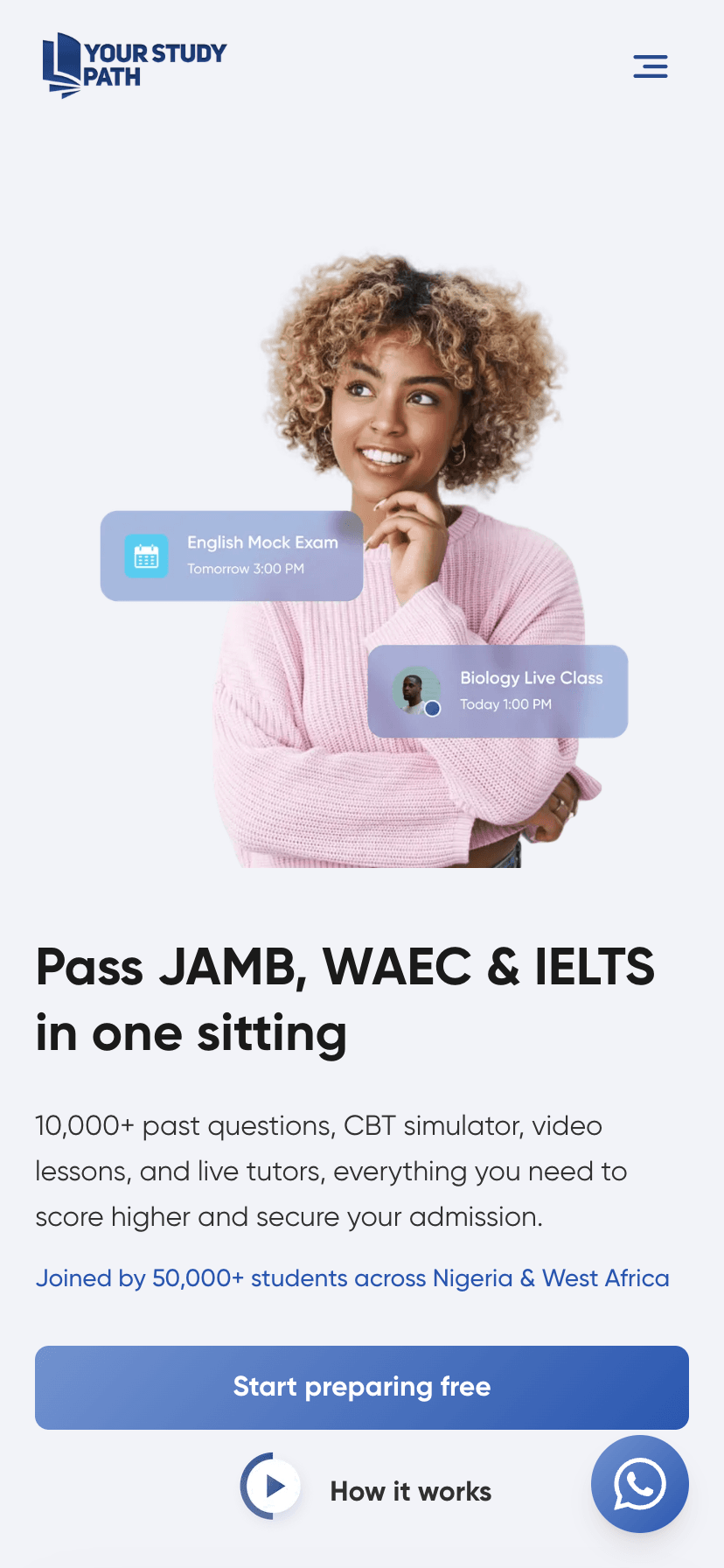 Your Study Path homepage, mobile
