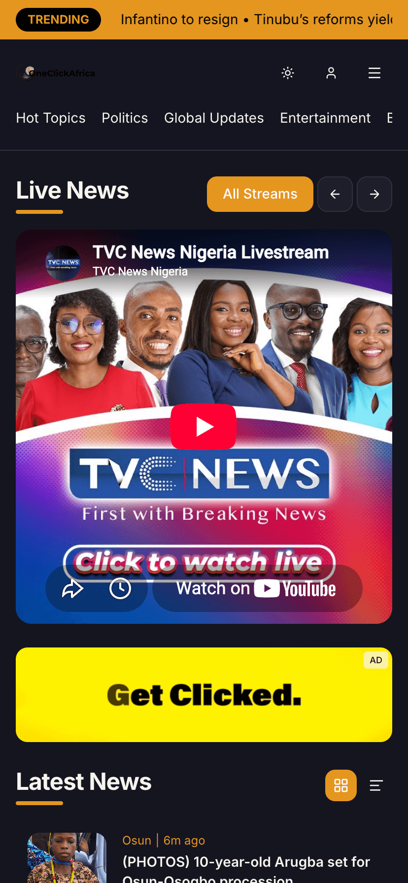 One Click Africa homepage, mobile