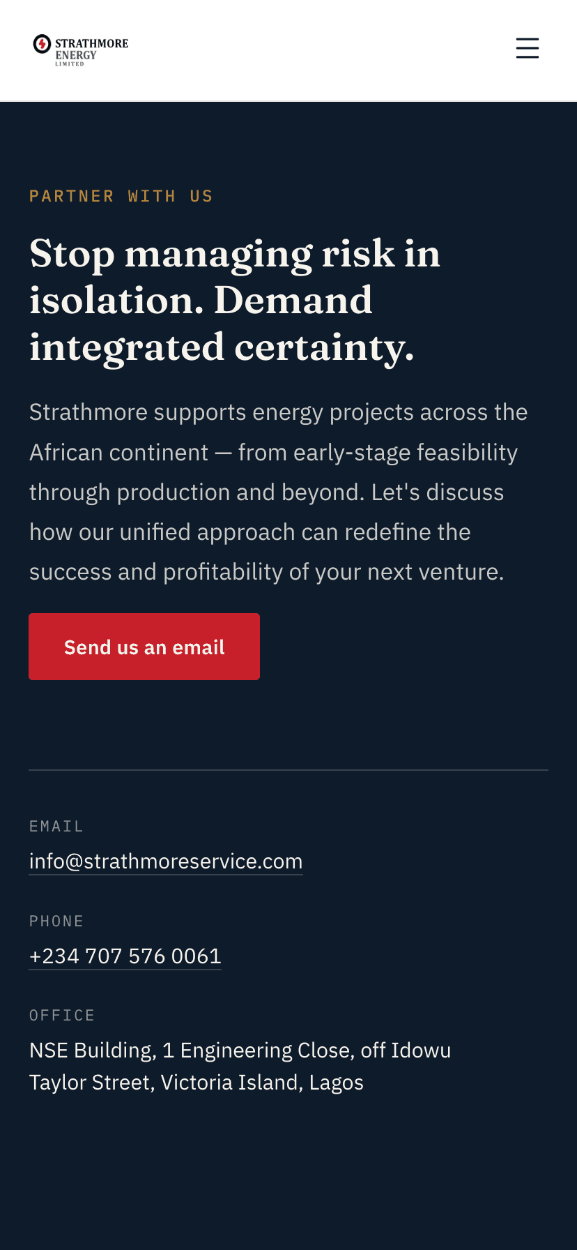 Strathmore Energy homepage, mobile